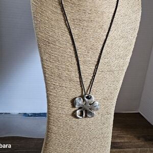 Vintage Danon Silver 5-Petal Flower Pendant on Cord Necklace